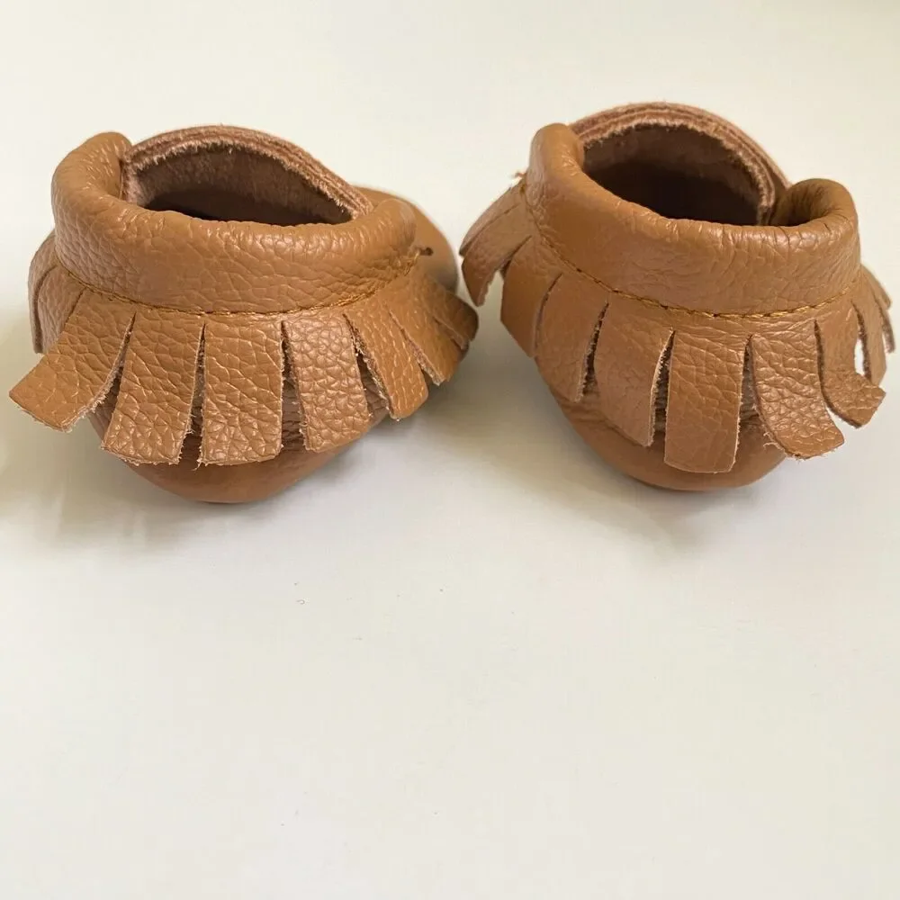 BIRD ROCK BABY Brown Leather Moccasins Infant Size 2 US w. Bag Unisex Shoes NEW